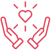 Ouverture d’esprit Icône rouge représentant la valeur d'ouverture d'esprit. On voit deux mains qui s'écartent et laissent apparaître un coeur.