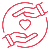 Solidarité et responsabilité Icône rouge représentant la valeur de la solidarité et de la responsabilité. On voit deux mains qui se font face avec un coeur au milieu.