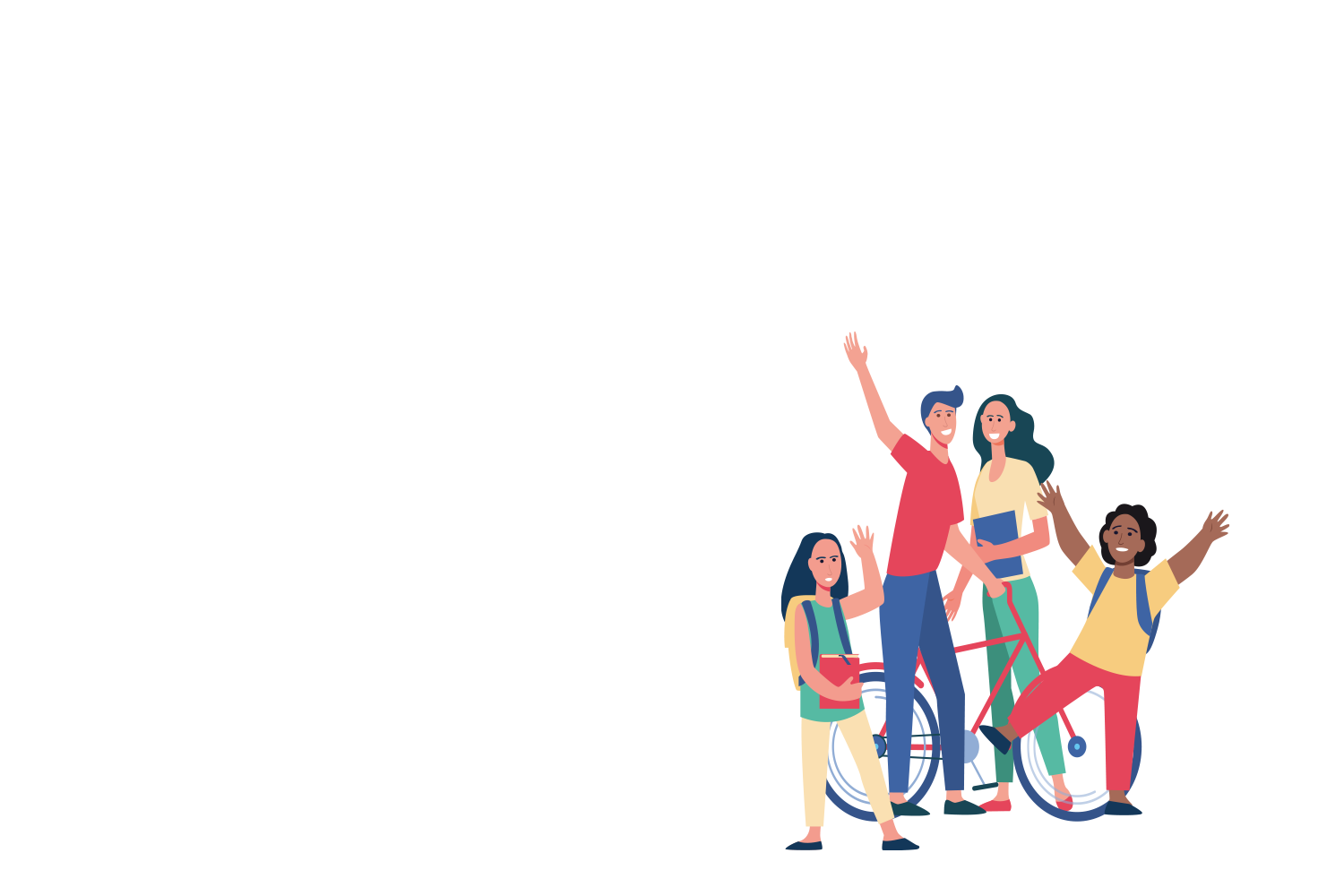 Un groupe de 4 personnes qui saluent : deux adultes et deux enfants