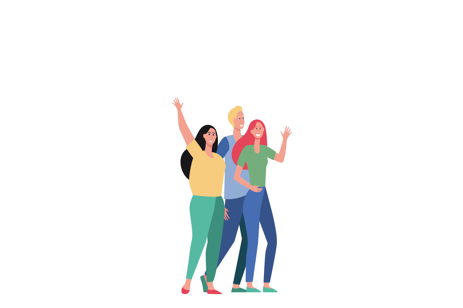 Un groupe de trois adultes qui saluent.