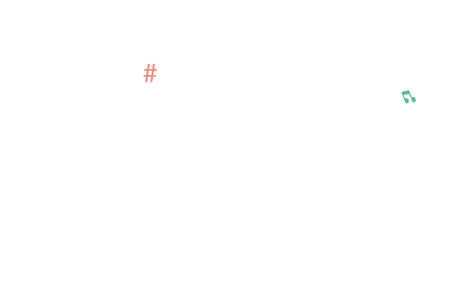 Des confettis en forme de hashtag et de note de musique