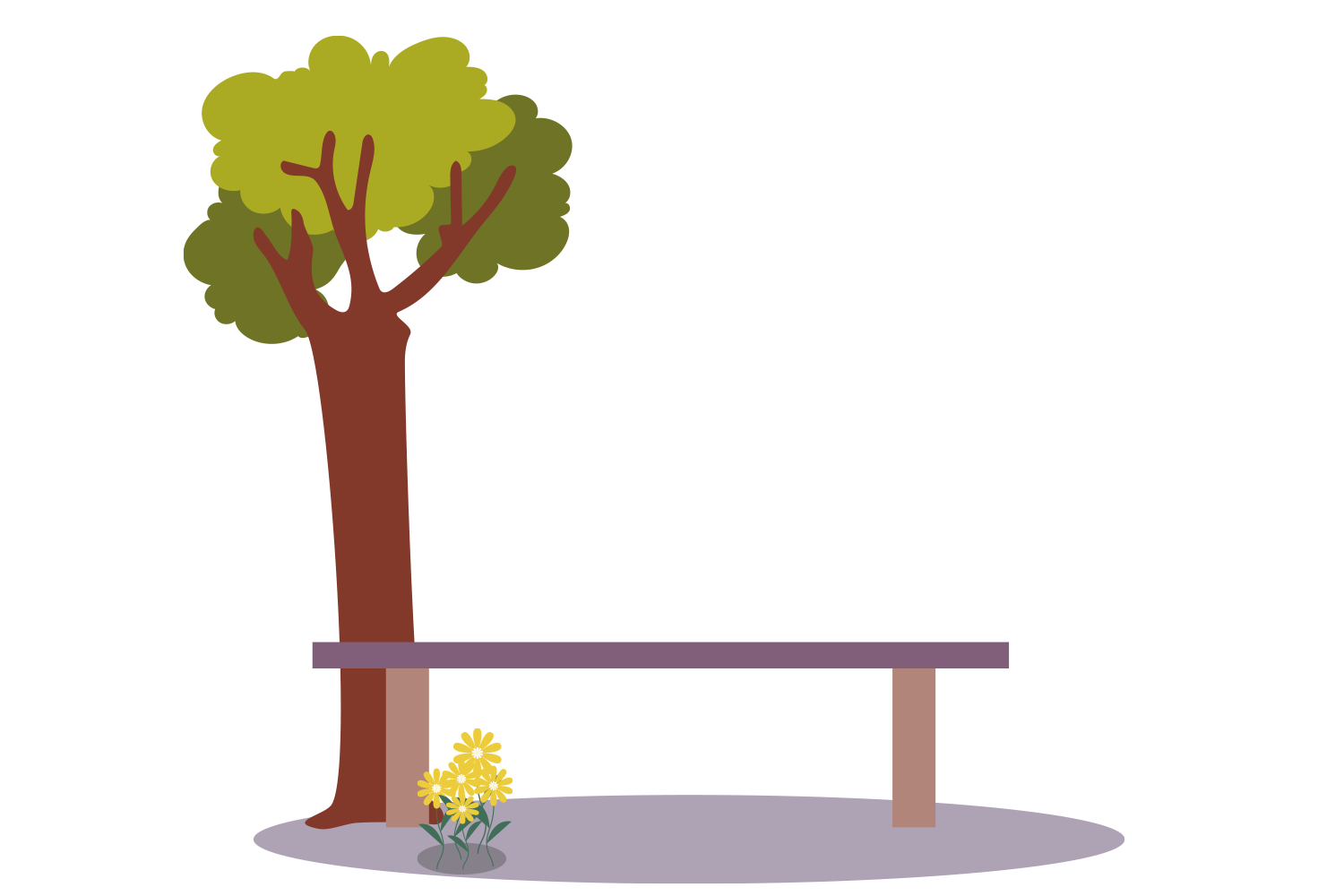 Un banc avec un arbre et des fleurs