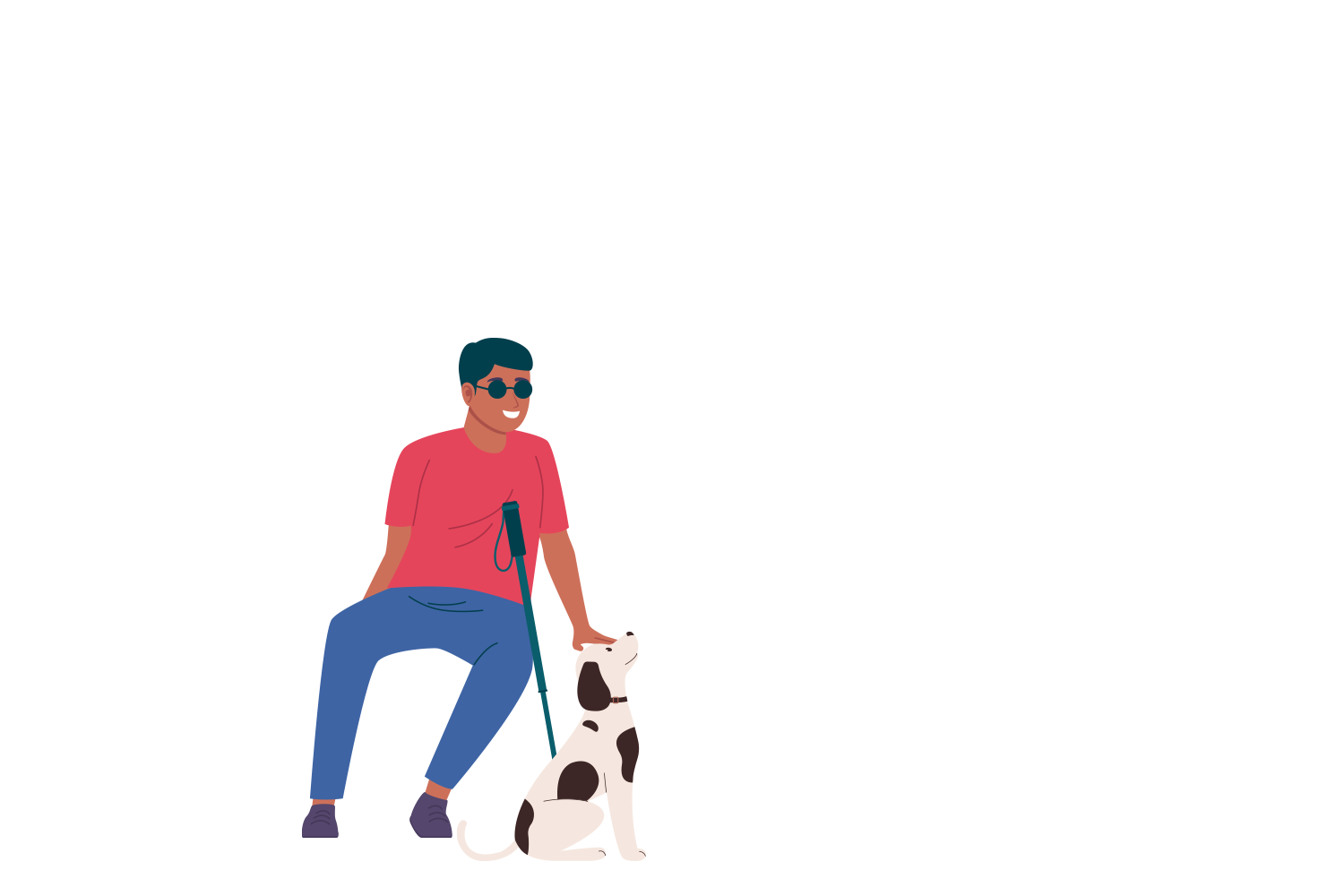Un homme malvoyant avec sa canne et son chien.