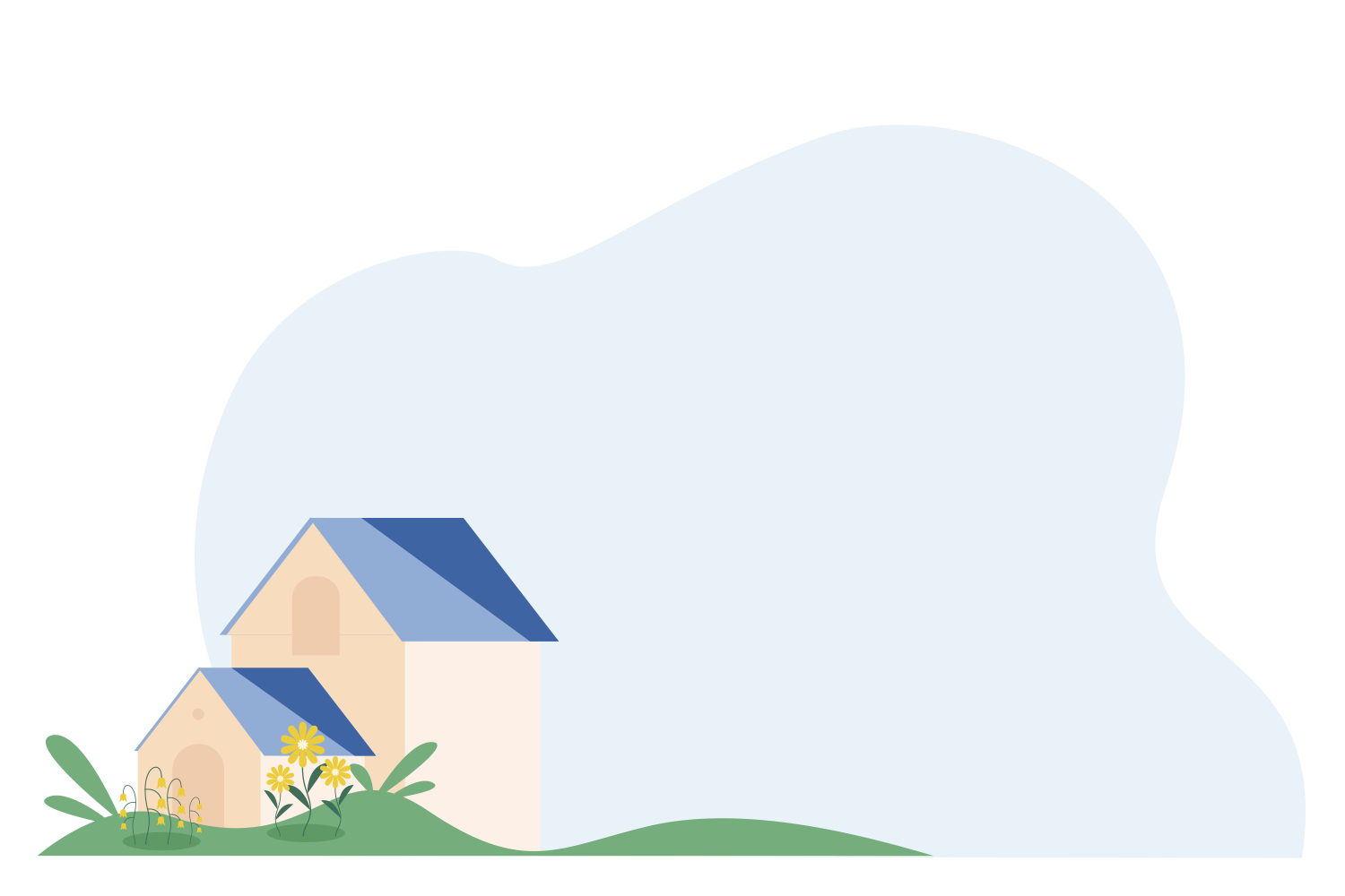 Une forme organique bleue en guise de fond avec au premier plan deux maisons et des fleurs.