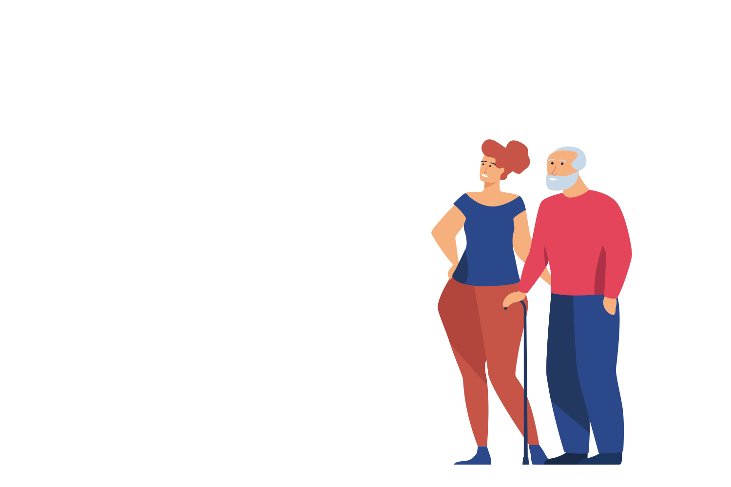 Une femme avec une vieil homme qui a une canne.