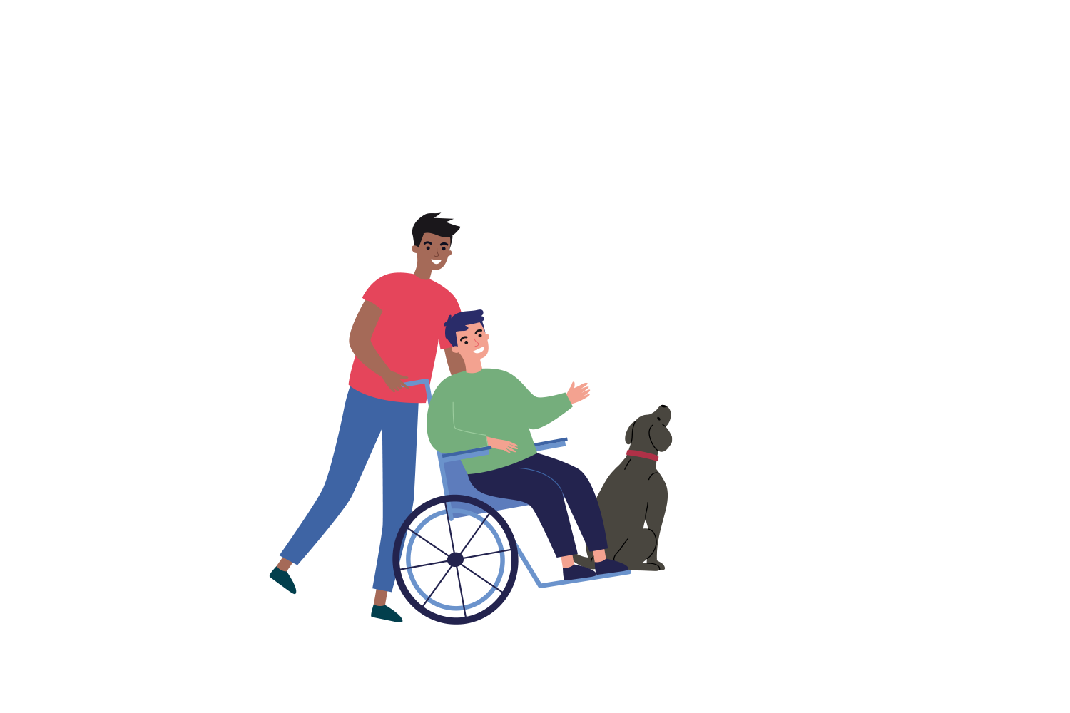 Un homme qui pousse un autre homme en fauteuil roulant avec un chien à côté d'eux